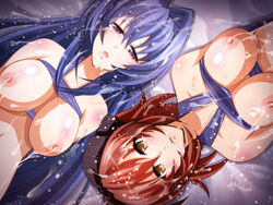 2girls after_sex areolae arms_behind_back blue_hair blush bondage breasts crying cum cum_in_mouth cum_on_breasts cum_on_hair cum_on_upper_body eyebrows_visible_through_hair facial femsub hair_between_eyes highres lactation large_breasts long_hair looking_at_viewer lying maken-ki! milk multiple_girls multiple_subs nightmare_express nijou_aki nipples nude on_back parted_lips pink_eyes ponytail red_hair restrained rokujou_minori tears upper_body yellow_eyes