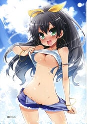 1girls black_hair blush breasts denim denim_shorts female ganaha_hibiki green_eyes haga_yui highres idolmaster invitation jewelry navel no_panties open_mouth pinky_out pussy shirt_lift shorts shorts_pull small_waist smile solo uncensored