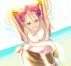 bikini_top breast_squeeze breasts cleavage crossed_arms dragon_quest dragon_quest_viii earrings female jessica_albert jewelry large_breasts leaning_forward limeblock long_hair necklace orange_eyes orange_hair outdoors pubic_hair pussy sarong see-through smile solo swimsuit tied_hair topless twintails uncensored wading water