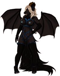 anthro bat breasts canine demon female horn hybrid leather nude pussy solo standing tomoyokinomoto wings wolf