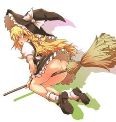 1girls ass blonde_hair blush bottomless braid broom broom_riding crotch_rub dress female hat hermmy human long_hair looking_back marisa_kirisame masturbation no_panties pussy pussy_juice solo touhou uncensored wet_pussy witch witch_hat yellow_eyes