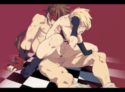 2boys anal blonde_hair brown_hair censored checkered checkered_floor gay gloves guilty_gear honya_lala ky_kiske male male_only multiple_boys nude penis sex sol_badguy tears upright_straddle yaoi