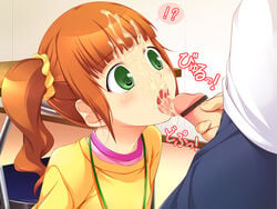 1girls blush censored cum cum_in_hair cum_in_mouth cum_on_hair cum_on_tongue facial fellatio green_eyes idolmaster licking mozumozu oral orange_hair penis pointless_censoring producer_(idolmaster) raglan_sleeves solo takatsuki_yayoi tied_hair twintails