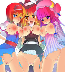 3girls alice_margatroid blue_eyes breasts brown_eyes bursting_breasts censored female female_only large_breasts long_hair marisa_kirisame multiple_girls no_panties noi-2y open_mouth patchouli_knowledge pussy torn_clothes touhou