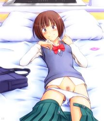 1girls bed blush bonnie_(rsg) brown_eyes brown_hair condom endou_tomoko female female_only kimi_ni_todoke panties panty_pull pillow pubic_hair pussy school_uniform short_hair skirt skirt_pull solo sweater_vest uncensored underwear unzipped