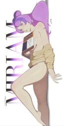 artist_signature book_covering_breasts cagethegegeg miriam_(pokemon) pills pink_hair pubic_hair shirt_down shirtless text