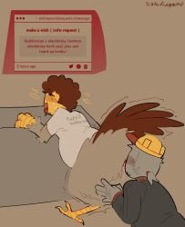 absurd_res against_surface animal_genitalia animal_humanoid armor aroused avian avian_humanoid biped bird bird_humanoid blush bodily_fluids brown_body brown_feathers brown_hair builderman chicken_humanoid cloaca cloaca_juice cloacal cloacalingus clothing curly_hair duo feathers feet forsaken_(roblox) galliform galliform_humanoid genital_fluids genitals grey_body grey_clothing grey_feathers grey_hair grey_sweater grey_topwear hair hard_hat headgear helmet hi_res human humanoid looking_pleasured male male/male mammal oral ponytail roblox sex shaking shedletsky_(forsaken) shirt sixforfivepound slightly_chubby slightly_chubby_male strawpage sweat sweatdrop sweater tail tail_feathers talon_hands talons toes topwear trembling white_clothing white_shirt white_topwear yellow_body yellow_skin