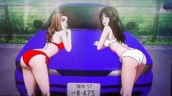 2girls ^_^ ass ass_focus back bikini blue_car bra breasts brown_eyes brown_hair butt_crack car closed_eyes groin hair_behind_ear high_heels initial_d large_breasts looking_at_viewer looking_back medium_breasts motor_vehicle multiple_girls navel nissan nissan_sileighty official_alternate_costume official_art panties parted_lips red_bikini red_lips satou_mako sayuki sayuki_(initial_d) shadow shin_gekijouban_initial_d short_shorts shorts simple_background smile sports_car swimsuit thighs third-party_source underwear vehicle_focus white_bikini