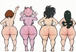 4girls ai_generated ass ass_chart big_ass black_hair breasts brown_hair female female_only green_hair huge_ass mina_ashido momo_yaoyorozu my_hero_academia nude ochako_uraraka pink_hair pink_skin sweat sweating tagme thick_thighs tsuyu_asui wide_hips