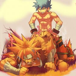 anal bara bent_over breath_of_fire clothing cum cum_in_ass cum_inside doggy_style duo from_behind furry gay grey_hair human male male_only muscle muscles orange_hair penetration rei_(breath_of_fire) ryu_(breath_of_fire) yaoi yellow_eyes