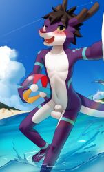 absurd_res aldin_long animal_genitalia anthro ball balls beach beach_ball dragon femboy genitals hi_res horn inflatable male mythological_creature mythological_scalie mythology nude outside scalie sheath steel_cat water