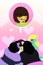 absurd_res alligator alligatorid anthro black_hair blonde_hair blush bratty_(undertale) brown_hair catti_(deltarune) catty_(undertale) clothed clothing crocodilian deltarune domestic_cat dr._chaos felid feline felis female flat_colors fur green_body green_scales group hair hi_res human indirect_incest_(lore) inversecalamity kiss_mark kissing kris_(deltarune) male male/female mammal open_mouth overweight overweight_female purple_body purple_fur red_sclera reptile scales scalie sibling_(lore) sister_(lore) sisters_(lore) surrounded undertale undertale_(series) white_body white_fur