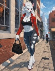 4_toes abs absurd_res ai_generated anotheranon anthro athletic athletic_anthro athletic_female bag barefoot black_clothing black_sclera blizzard_entertainment bottomwear bra breasts building canid canine canis chest_tuft city city_background claws cleavage clothed clothing cloud day detailed_background digitigrade fangs feet female finger_claws fingers fur group hair hi_res holding_object jacket jewelry mammal midriff muscular muscular_female navel necklace open_clothing open_mouth open_topwear outside pants purse red_clothing red_eyes red_topwear sky smile solo_focus sports_bra standing teeth text toe_claws toes topwear torn_bottomwear torn_clothing torn_pants tuft underwear urban walking warcraft werecanid werecanine werecreature werewolf white_body white_fur white_hair window worgen world_of_warcraft