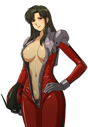 1girls 2d 2d_(artwork) bodysuit breasts center_opening cima_garahau curvaceous female gloves green_hair gundam gundam_0083 hand_on_hip helmet hi_res highres hips human kitahara_aki large_breasts light-skinned_female light_skin long_hair mature mature_woman navel no_bra no_panties open_clothes pilot_suit pubic_hair uniform villainess white_background wide_hips zeon