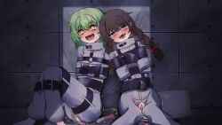 2girls :d absurdres arms_across_body blush bodysuit bondage bound bound_arms bound_legs braid brown_hair commission dildo egg_vibrator green_eyes green_hair heaven4014 highres komeiji_koishi looking_at_viewer madotsuki multiple_girls object_insertion pixiv_commission pussy_juice red_eyes sex_toy sitting smile straitjacket touhou twin_braids vaginal_object_insertion vaginal_penetration vibrator white_bodysuit yume_nikki