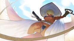abs absurdres artist_name blonde_hair breasts dark-skinned_female dark_skin deltoids female female_pubic_hair full_body gloves gun highres holding holding_gun holding_weapon large_breasts looking_at_viewer muscular muscular_female original pubic_hair pubic_hair_peek sheep_shin short_hair simple_background solo weapon