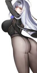 1girls absurdres arm_up ass black_jacket black_pantyhose breasts chinese_commentary commentary english_commentary female flower from_behind grey_hair hair_ornament hairclip highres jacket large_breasts looking_at_viewer looking_back mixed-language_commentary multilingual_commentary no_pants pantyhose purple_flower purple_rose rose simple_background solo white_background yaoshan_shi yellow_eyes yixuan_(trails_of_ink)_(zenless_zone_zero) yixuan_(zenless_zone_zero) zenless_zone_zero