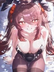 ai_generated alternate_breast_size alternate_costume animal_ears arm_support bare_arms bare_shoulders bed bed_sheet black_hair black_hairband black_leotard black_nails black_pantyhose black_thighhighs blue_eyes blue_flower blue_hair blue_skin blush breasts bright_pupils brown_hair cleavage collarbone colored_skin covered_navel cowboy_shot fake_animal_ears female flower flower-shaped_pupils from_above genshin_impact grin groin hair_between_eyes hair_flower hair_intakes hair_ornament hair_ribbon hairband highleg highleg_leotard hu_tao_(genshin_impact) indoors large_breasts leotard long_hair looking_at_viewer looking_up medium_breasts ministro nail_polish on_bed pale_skin pantyhose parted_lips pillow playboy_bunny plum_blossoms purple_hair rabbit_ears ribbon self_upload shiny_clothes sidelocks sitting smile solo strapless strapless_leotard symbol-shaped_pupils tassel teeth thigh_gap thighband_pantyhose thighhighs thighs twintails very_long_hair