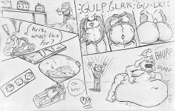 2025 anthro armor ass belly belly_grab big_belly big_butt bloated blubberbuck bodily_fluids bovid breasts broken_glasses bubble bulge burping cake cake_slice caprine closed_eyes clothing comic darkner deltarune dessert dialogue duo english_text erection exclamation_point expansion expansion_sequence eyewear food footwear frosting gesture glasses goat hand_gesture holding_food holding_object huge_belly human humanoid indigestion inflated_belly inflation kris_(deltarune) lightner male male/male mammal monochrome moobs navel navel_piercing navel_ring neck_bulge nipples open_mouth operating_table outie_navel overweight piercing ralsei ring_piercing scarf sequence shaded shocked shoes speech_bubble stuffing swallowing swallowing_sound_effect sweat sweatdrop tail tenting text thumbs_up torn_clothing traditional_media_(artwork) undertale_(series) underwear