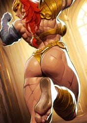 ai_generated aldrif_odinsdottir angela_(marvel) angela_(marvel_rivals) armor ass bandages barefoot bikini_armor braid breasts dirty dirty_feet feet female flexing flexing_bicep from_behind gold_armor grin huge_ass jewelry large_breasts long_hair looking_back marvel marvel_rivals muscular muscular_female pointy_ears red_hair scar shoulder_armor smile soles solo thick_thighs thighs toes