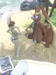 3:4 3d_(artwork) anthro areola areola_slip ass beach beverage_can big_breasts big_butt bikini blender_(artwork) blender_eevee_next breasts clothing cooler digital_media_(artwork) drinking duo eyewear female femboy food generation_4_pokemon grey_eyes hi_res lagomorph leporid lopunny male mammal nintendo peachhqa pokemon pokemon_(species) popsicle rabbit rita_(peachhqa) sand silver_makeup skimpy_bikini sunglasses sunny swimwear two-piece_swimsuit tyler_(peachhqa) water watermark wet
