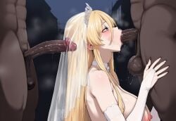 1girls 2boys ai_generated azur_lane big_breasts bismarck_(azur_lane) blowjob cum dark-skinned_male female gigantic_breasts large_penis nude nude_female outside truck_kun wedding_dress