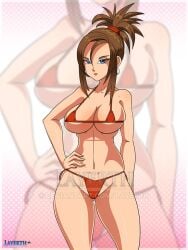 bikini blue_eyes brown_hair dragon_quest dragon_quest_viii fit_female hand_on_hip large_breasts layerth ponytail red_(dq8) swimsuit voluptuous