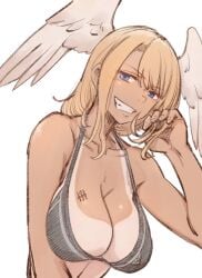 1girls athletic athletic_female big_breasts bikini bikini_top blonde_female blonde_hair breasts brown_wings cleavage delinquent delinquentified eunie_(xenoblade) grinning grinning_at_viewer head_wings looking_at_viewer tanned_female tanned_skin tattoo tattoo_on_breasts tomboyish wings_on_head xenoblade_(series) xenoblade_chronicles_3