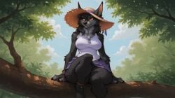 4_fingers ai_generated anklet anthro big_breasts black_body black_fur black_nose blizzard_entertainment bored_expression breasts canid canine canis cheek_tuft clothing curvy_figure cute day facial_tuft fangs female fingers fluffy_body forest front_view fur hat headgear headwear jewelry mammal multicolored_body multicolored_fur neck_tuft plant red_eyes sitting slingsting solo straw_hat thick_thighs tree tuft two_tone_body two_tone_fur warcraft werecanid werecreature wide_hips wolf worgen world_of_warcraft