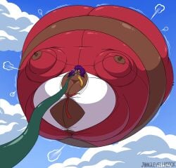 1girls ass_expansion belly_expansion big_ass big_belly big_breasts breast_expansion button_down_shirt button_gap buttons dark-skinned_female dark_skin expansion floating helium_inflation hose hose_in_mouth hose_inflation inflation jinglevellrock purple_hair sky spherical_inflation sunken_limbs tagme