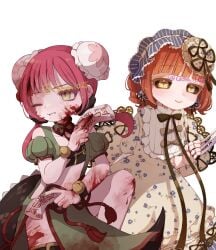 2girls @nyannyan blood bow bowtie chinese_clothes claws doll_joints double_bun dress frilled_dress frilled_hairband frills hair_bun hair_ornament hairband highres hime_cut joints lolita_fashion magical_girl mahou_shoujo_ikusei_keikaku mahou_shoujo_ikusei_keikaku_restart multiple_girls ofuda one_eye_closed orange_hair pink_hair qoo_1025 ribbon rionetta short_hair smile tassel yellow_eyes