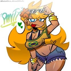 1girl black_string_bikini booty_shorts brazilian brazilian_female brazilian_flag brazilian_miku_(cosplay) cleavage flower_in_hair half-closed_eyes hand_on_thigh hearts huge_earrings liamvickers_98 long_orange_hair panty_&_stocking_with_garterbelt panty_anarchy sunglasses_on_head tagme tan_skin thick_thighs tongue_out username