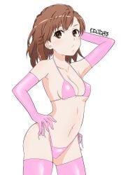 1girls ankake_pasta arm_up armpit armpit_crease armpit_peek armpits bare_armpits bare_belly bare_chest bare_hips bare_midriff bare_navel bare_shoulders bare_skin bare_torso belly belly_button bikini bikini_bottom bikini_only bikini_top blush blush_face blushing_at_viewer blushing_female blushing_lines breasts brown_eyebrows brown_eyes brown_eyes_female brown_hair brown_hair_female collarbone digital digital_art digital_drawing digital_drawing_(artwork) digital_media digital_media_(artwork) elbow_gloves elbows exposed_armpits exposed_belly exposed_chest exposed_hips exposed_midriff exposed_navel exposed_shoulders exposed_skin exposed_torso female female_focus female_only fingers gloves groin hairless_armpits half_naked half_nude halterneck hand_behind_head hand_on_hip hand_on_own_hip hand_up high_resolution high_school_student highres inframammary_fold lean_figure legwear linea_alba long_gloves looking_at_viewer medium_hair midriff misaka_mikoto naked naked_female naked_woman narrow_waist navel nipple_bulge nude nude_female nudity petite petite_body petite_breasts petite_female petite_girl petite_tits pink_bikini pink_bikini_bottom pink_bikini_top pink_elbow_gloves pink_gloves pink_legwear pink_long_gloves pink_stockings pink_string_bikini pink_swimsuit pink_swimwear pink_thigh_highs pink_thighhighs posing posing_for_the_viewer school_girl semi_nude shaved_armpits shoulders side-tie_bikini simple_background slender_body slender_waist slim_waist small_breasts solo standing stockings stomach string_bikini swimsuit swimwear teen_girl teenage_girl teenager thigh_highs thighhighs thighs to_aru_kagaku_no_railgun to_aru_majutsu_no_index underboob upper_body white_background wide_hips young_female young_woman