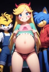 ai_generated black_lace_panties black_stripes blue_fur devil_horns disney disney_channel hearts_on_cheeks interspecies lewd_smile long_yellow_hair mobian_(species) orange_fur original_characters overalls pregnant_belly pregnant_female red_hairband red_hoodie shirt_lift shorts showing_off_belly star_butterfly star_vs_the_forces_of_evil tiger_boy white_shirt