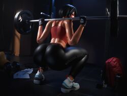 3d ass ass_focus bare_shoulders black_hair blush bodily_fluids closed_eyes clothed clothing crop_top crouching epic_games evie_(fortnite) eyeshadow fingerless_gloves fortnite fortnite:_battle_royale gym makeup raviana_brwl shiny_skin short_hair sweat sweating sweaty tagme tattoo tight_clothing weightlifting weights