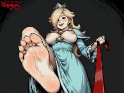 ai_generated barefoot dominant dominant_female feet foot_fetish foot_focus gigatsu leash looking_at_viewer mario_(series) nintendo princess_rosalina simple_background sole_female soles toes