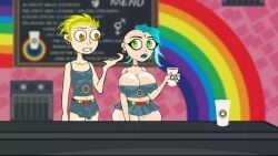 1boy 1girls animated big_ass blonde_hair blood_splatter blue_hair bulge_through_clothing castration castration_threat cock_and_balls_torture coffee coffee_shop dialogue earrings gay_male germaine_endez gore green_eyes huge_breasts illwillpress lipstick longer_than_one_minute mutilation neurotically_yours phone rainbow revealing_clothes straight_female tagme video voice_acted yellow_eyes