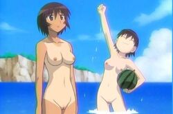 2girls azumanga_daiou beach black_eyes black_hair blush bonklers bottomless breasts brown_eyes brown_hair female female_only human kagura_(azumanga_daiou) lowres multiple_females multiple_girls nude nudist pubic_hair pussy short_hair small_breasts tan tanline tomo_takino topless uncensored water