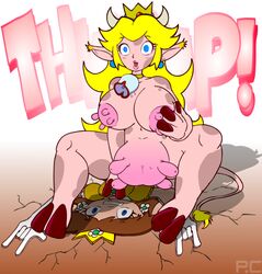 2girls alternate_breast_size animalization big_breasts blonde_hair blue_eyes body_horror bovine breast_udders cow_girl cowbell female female_focus female_only flattened hair hooves horns human lactation mario_(series) multiple_females nintendo p.chronos pointy_ears princess_daisy princess_peach royalty straight_hair tail text transformation udders