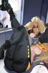 1girls absurdres bangboo_(zenless_zone_zero) black_pants black_shrug blindfold blonde_hair breasts camouflage camouflage_jacket camouflage_pants eous_(zenless_zone_zero) female hair_ornament highres jacket large_breasts latex_pants leg_up long_hair lying on_back pants ponytail shrug_(clothing) smile triangle_hair_ornament trigger_(zenless_zone_zero) yaoshan_shi zenless_zone_zero