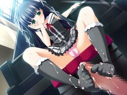 bangs black_hair blush censored clothed_female clothing cum cum_on_clothes cum_on_socks feet footjob footjob_with_legwear game_cg green_eyes kugenuma_ayane long_hair minna_no_uta panties piano pink_panties sitting skirt sockjob socks tied_hair twintails underwear upskirt