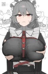 alexandrina_sebastiane anastella_(zenless_zone_zero) arms_on_another's_breasts azz0422 bangboo_(zenless_zone_zero) belt blush breasts drusilla_(zenless_zone_zero) female from_behind grey_hair groping highres large_breasts long_hair looking_down maid maid_headdress qr_code red_eyes ribbon signature sweatdrop white_background white_ribbon zenless_zone_zero