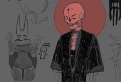 arms_up arthropod arthropod_humanoid belly_button blush blush_lines cape cross dark_body escale facing_viewer grey_background greyscale halo highlights_(coloring) hollow_knight hollow_knight:_silksong hornet_(hollow_knight) huge_breasts huge_thighs peace_sign red_halo revealing_breasts skeleton sketch sketch_page skull team_cherry text wide_hips