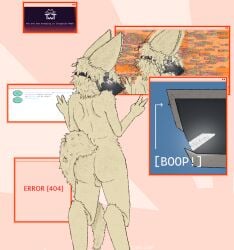 anthro balls blush blush_lines canid canine digitigrade drugs error error_message fennec_fox fluffy fluffy_hair fluffy_tail fox fur genitals gesture glitch hair hand_gesture headgear headgear_only hi_res humanoid looking_at_viewer looking_back machine male male_focus male_only mammal orange_background pills pink_background protogen protogen_visor raised_arms rear_focus rear_view screen screen_face simple_background smile solo standing tail tan_body tan_fur text true_fox twtastic uwu v_sign visor white_background