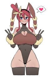 1girl 7a_(se7ena) animal_ears bangs bare_shoulders blue_eyes blush breasts bunny_ears cleavage cleavage_cutout closed_mouth cropped_legs double_v fake_animal_ears gloves hair_between_eyes heart huge_breasts leotard long_hair looking_at_viewer lopunny_(cosplay) nintendo pokemon pokemon_bw pokemon_bw2 pokemon_dppt red_hair skyla_(pokemon) smile solo spoken_heart thighhighs v w white_background