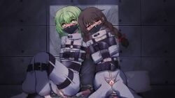 2girls absurdres arms_across_body blush bodysuit bondage bound bound_arms bound_legs braid brown_hair commission dildo egg_vibrator gagged green_eyes green_hair heaven4014 highres komeiji_koishi looking_at_viewer madotsuki multiple_girls object_insertion pixiv_commission pussy_juice red_eyes sex_toy sitting straitjacket touhou twin_braids vaginal_object_insertion vaginal_penetration vibrator white_bodysuit yume_nikki