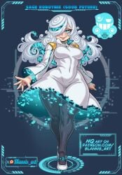 1girls aged_up artificial_intelligence blannis_art breasts cyan_eyes cyan_nails dress female female_only hair_over_one_eye large_breasts long_hair pale-skinned_female pale_skin sage_(sonic_frontiers) sonic_(series) sonic_the_hedgehog_(series) thick_thighs two_tone_hair white_dress white_hair wide_hips