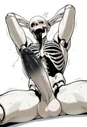 abs ai_generated balls bara big_balls big_penis blush gay hands_behind_head joints long_tongue male male_only muscular muscular_male open_mouth pecs penis ribcage skeleton sweat tongue_out yaoi