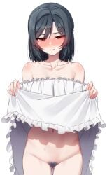 absurdres ass_visible_through_thighs bare_shoulders black_hair blush bottomless closed_mouth clothes_lift collarbone commentary_request cowboy_shot dress dress_lift female female_pubic_hair frilled_dress frills highres lifting_own_clothes looking_to_the_side love_live! love_live!_nijigasaki_high_school_idol_club medium_hair mifune_shioriko nasuno_(nasuno42) navel nose_blush off-shoulder_dress off_shoulder pubic_hair red_eyes simple_background solo standing stomach straight-on strapless strapless_dress sweat white_background white_dress