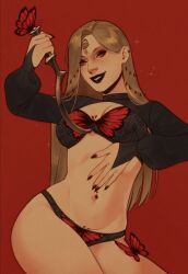 1_girl bela_(resident_evil) blonde_female butterfly capcom curvy_figure lingerie lingerie_only resident resident_evil resident_evil_8:_village smiling_at_viewer solo solo_female tattoo underboob vivi_llain weapon